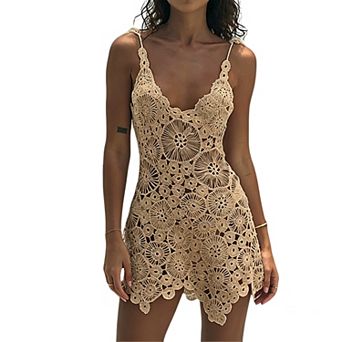 Women's Crochet Lace Mini Dress, Backless Spaghetti Strap Summer Beach Cover Up Sundress