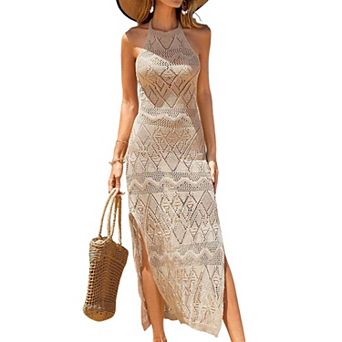 Women's Halter Backless Crochet Maxi Dress, Sleeveless Knit Summer Beach Vacation Dress