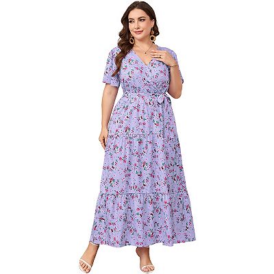 floral casual plus size maxi dresses Plus Size Casual Floral Print Colorblock Short Sleeve With Pockets Maxi Dress