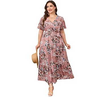 Women's Plus Size Floral Wrap Maxi Dress, Short Sleeve Tiered Summer Casual Dress