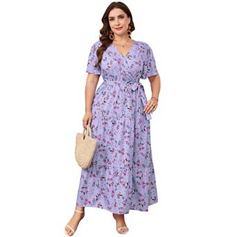Women's Plus Size Floral Wrap Maxi Dress, Short Sleeve Tiered Summer Casual Dress