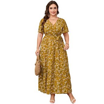 Women's Plus Size Floral Wrap Maxi Dress, Short Sleeve Tiered Summer Casual Dress