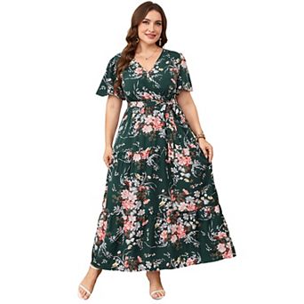 Women's Plus Size Floral Print Maxi Dress, Wrap V Neck Tiered Summer Casual Dress