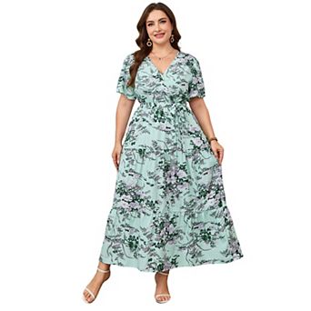 Women's Plus Size Floral Print Maxi Dress, Wrap V Neck Tiered Summer Casual Dress