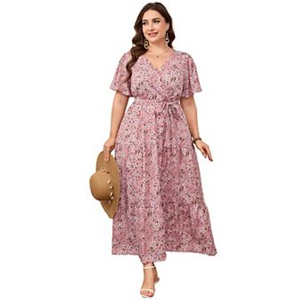 Women's Plus Size Floral Print Maxi Dress, Wrap V Neck Tiered Summer Casual Dress
