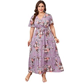 Women's Plus Size Floral Print Maxi Dress, Wrap V Neck Tiered Summer Casual Dress