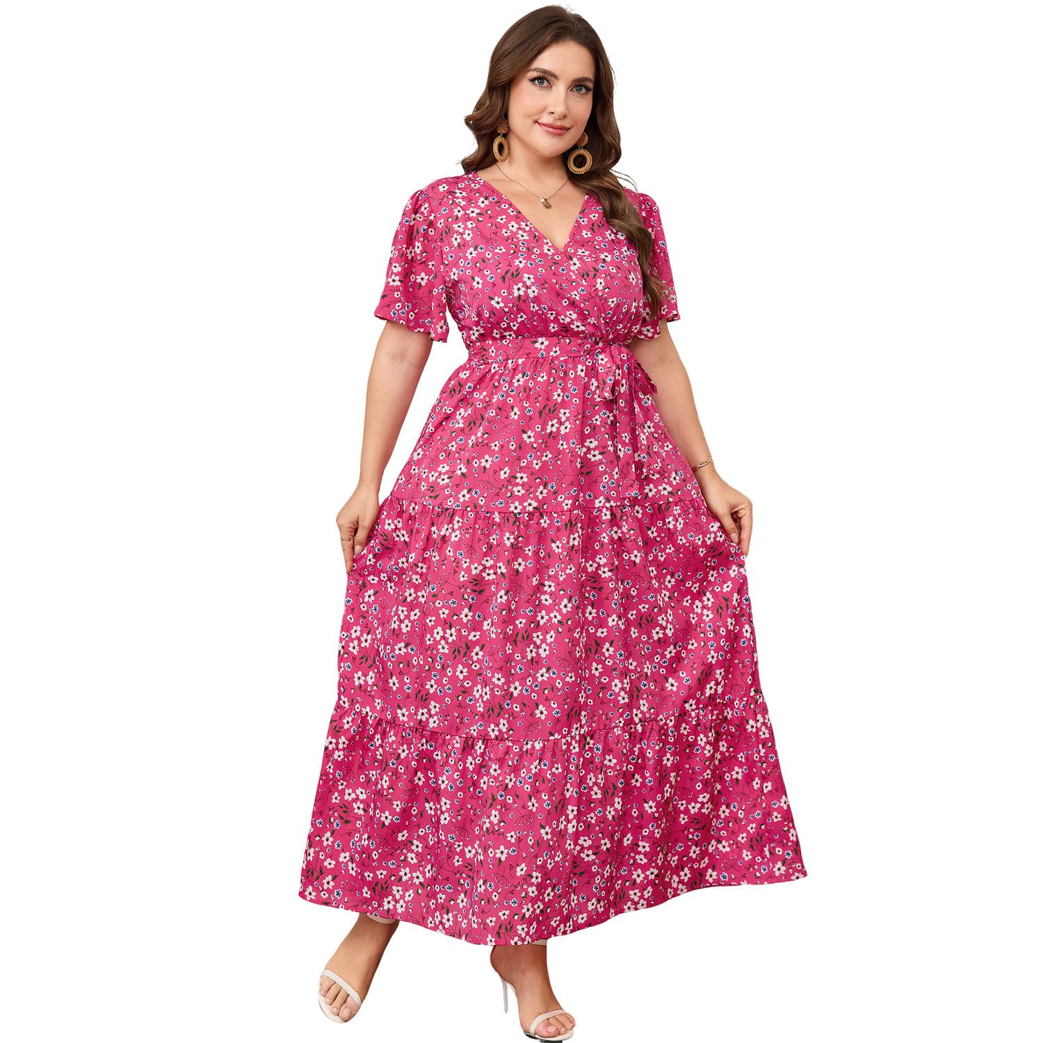 Женские платья Plus Size Floral Print Maxi Dress, Wrap V Neck Tiered Summer Casual Dress