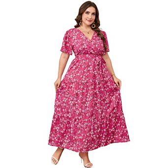 Women's Plus Size Floral Print Maxi Dress, Wrap V Neck Tiered Summer Casual Dress