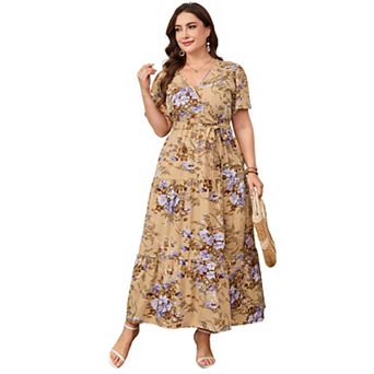 Women's Plus Size Floral Print Maxi Dress, Wrap V Neck Tiered Summer Casual Dress