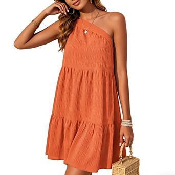 Women's One Shoulder Tie Back Tiered Mini Dress, Sleeveless Summer Casual Swing Dress