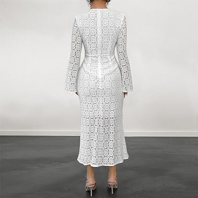 Openwork Lace Midi Dress with Flared Long Sleeves Round Neck Back Zipper for Work or Evening