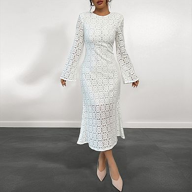 Openwork Lace Midi Dress with Flared Long Sleeves Round Neck Back Zipper for Work or Evening