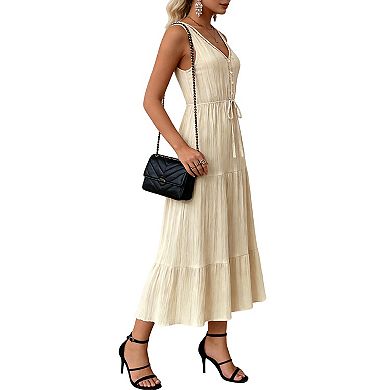 Lightweight Maxi Dress with Adjustable Waist V-Neck Button Placket Tiered Ruffle Skirt for Summer