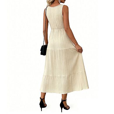 Lightweight Maxi Dress with Adjustable Waist V-Neck Button Placket Tiered Ruffle Skirt for Summer