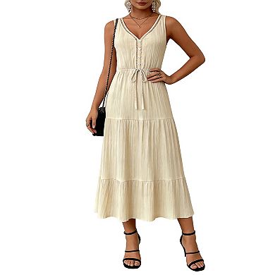 Lightweight Maxi Dress with Adjustable Waist V-Neck Button Placket Tiered Ruffle Skirt for Summer