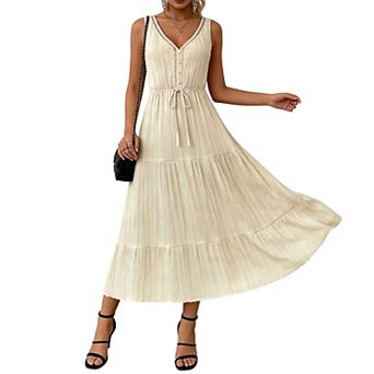 Lightweight Maxi Dress with Adjustable Waist V-Neck Button Placket Tiered Ruffle Skirt for Summer
