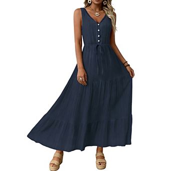 Lightweight Maxi Dress with Adjustable Waist V-Neck Button Placket Tiered Ruffle Skirt for Summer