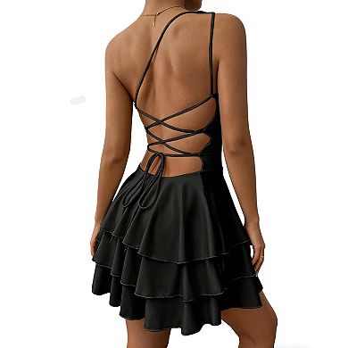 One-Shoulder Ruffle Mini Dress with Lace-Up Open Back Stretchy & Flattering for Cocktail Parties