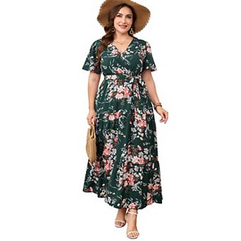 Lightweight Floral Wrap Midi Dress Flutter Sleeves Self-Tie Waist Flowy Tiered Dress for Summer