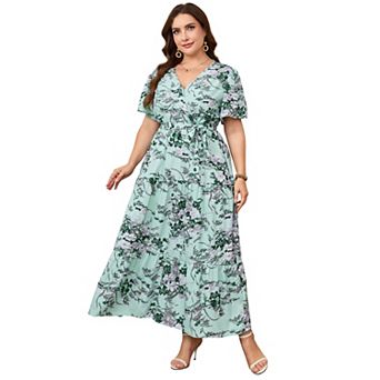 Lightweight Floral Wrap Midi Dress Flutter Sleeves Self-Tie Waist Flowy Tiered Dress for Summer
