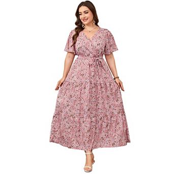 Lightweight Floral Wrap Midi Dress Flutter Sleeves Self-Tie Waist Flowy Tiered Dress for Summer