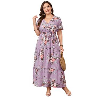 Lightweight Floral Wrap Midi Dress Flutter Sleeves Self-Tie Waist Flowy Tiered Dress for Summer
