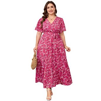 Lightweight Floral Wrap Midi Dress Flutter Sleeves Self-Tie Waist Flowy Tiered Dress for Summer