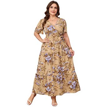 Lightweight Floral Wrap Midi Dress Flutter Sleeves Self-Tie Waist Flowy Tiered Dress for Summer