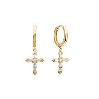 Athra NJ Inc 14k Gold Flash Plated Pave Cubic Zirconia Cross Huggie Hoop Earrings