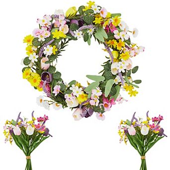 Spring Summer Wreaths for Front Door with Tulip and Lavender with 2 Flower Bundles