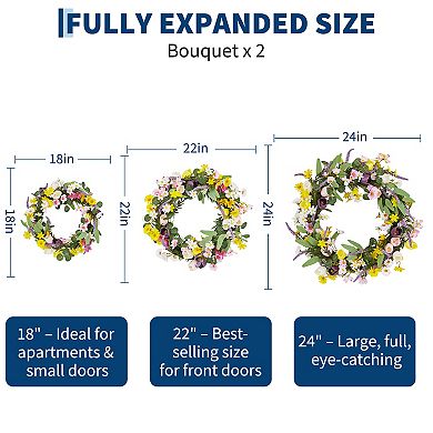 Spring Summer Wreaths for Front Door with Tulip and Lavender with 2 Flower Bundles
