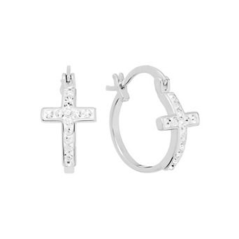 Athra NJ Inc Round Crystal Pave Cross Hoop Earrings