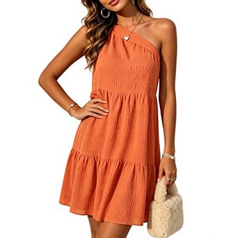 Women's Sleeveless Summer Mini Dress One Shoulder Tie Back Tiered Casual Swing Dress