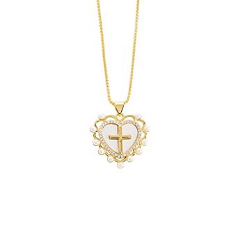 Athra NJ Inc 14k Gold Flash Plated Mother-of-Pearl & Cubic Zirconia Heart Pendant Necklace