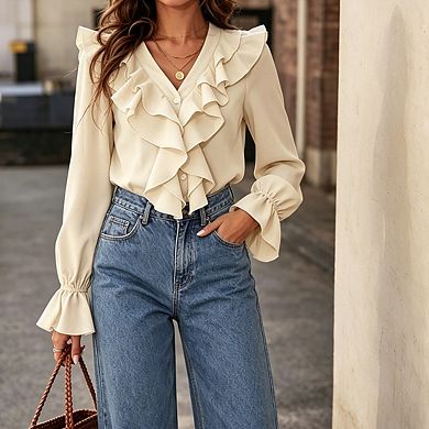 Womens V Neckline Long Sleeve Top Flounce Cuff Tiered Ruffle Blouse
