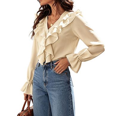 Womens V Neckline Long Sleeve Top Flounce Cuff Tiered Ruffle Blouse