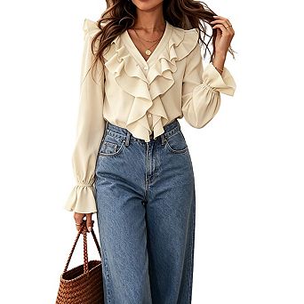 Womens V Neckline Long Sleeve Top Flounce Cuff Tiered Ruffle Blouse