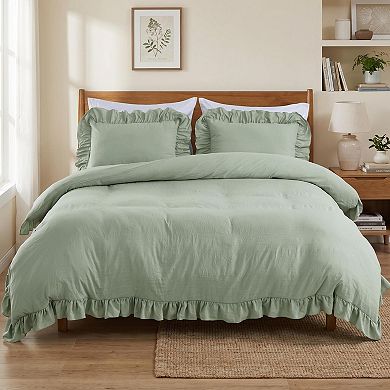 Ruffle Shabby Chic 3-Piece Duvet Cover Set, Soft Washed Microfiber with Pillow Shams