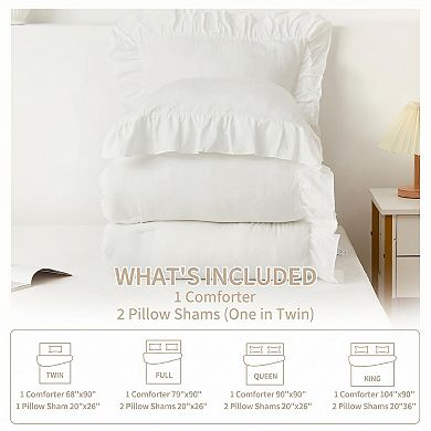 3-Piece Ruffle Comforter Set, Plush Washed Microfiber Bedding Set, All-Season Warmth