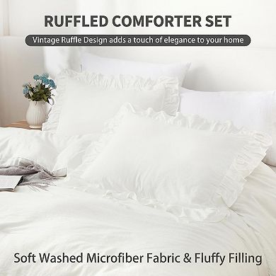 3-Piece Ruffle Comforter Set, Plush Washed Microfiber Bedding Set, All-Season Warmth