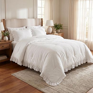 3-Piece Ruffle Comforter Set, Plush Washed Microfiber Bedding Set, All-Season Warmth