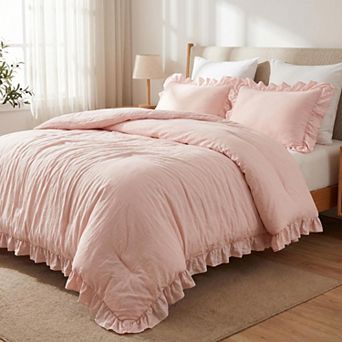 3 pc Ruffle Comforter Set, Plush Washed Microfiber Bedding Set, All-Season Warmth