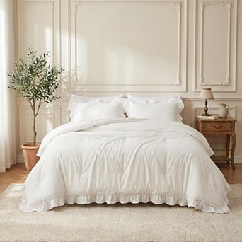 3 pc Ruffle Comforter Set, Plush Washed Microfiber Bedding Set, All-Season Warmth