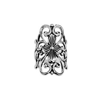 Athra NJ Inc Brass Fine Silver Plated Oxidized Filigree Flower Ring
