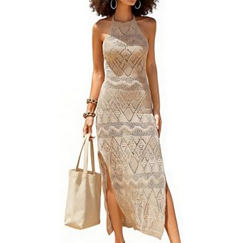Openwork Crochet Halter Maxi Dress with Side Slit Adjustable BacklessDress for Beach or Vacation
