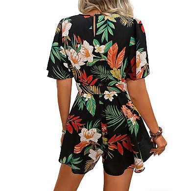 Women's Floral Print Wrap Romper, Short Sleeve Belted Summer Beach Vacation Jumpsuit