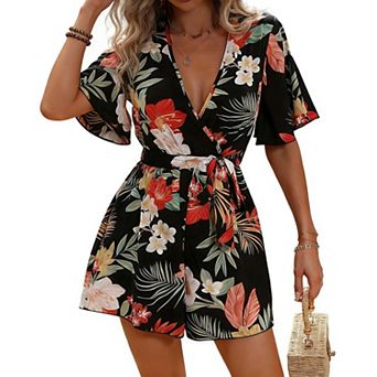 Women's Floral Print Wrap Romper, Short Sleeve Belted Summer Beach Vacation Jumpsuit