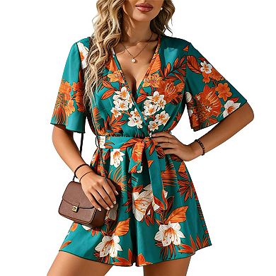 Lightweight Floral Wrap Romper with Self-Tie Belt V-Neck, Flutter Sleeves Romper for Summer