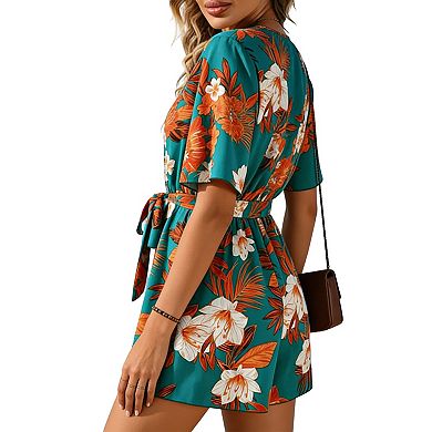 Lightweight Floral Wrap Romper with Self-Tie Belt V-Neck, Flutter Sleeves Romper for Summer