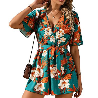 Lightweight Floral Wrap Romper with Self-Tie Belt V-Neck, Flutter Sleeves Romper for Summer
